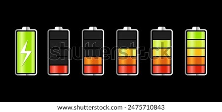 Battery icons set. High quality black style vector icons. Battery charge indicator. Battery level, energy, full