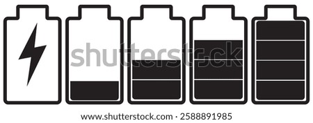 Battery icons set. High quality black style vector icons. Baterry charge indicator. Batery level, energy, full. Power low up status batteries logo. 