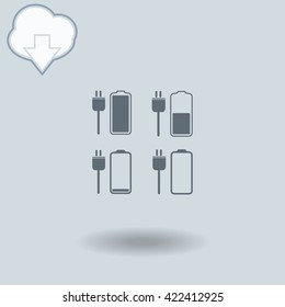 Battery icons set icon with shadow. Cloud of download with arrow.
