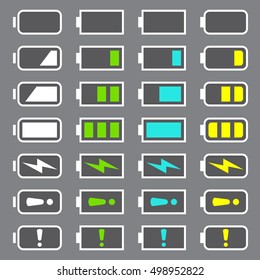 Battery icons set, isolated on grey background, vector illustration.