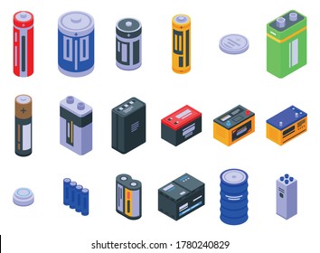 Battery icons set. Isometric set of battery vector icons for web design isolated on white background