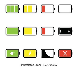Battery icons set. Battery level and indicator related different styles vector icons.