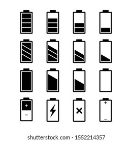 Battery icons set. Battery level and indicator related different styles vector icons.