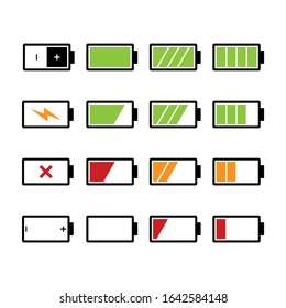 Battery icons set. Battery level and indicator related different styles vector icons.