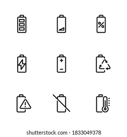Battery icons set. Line vector. Isolate on white background.