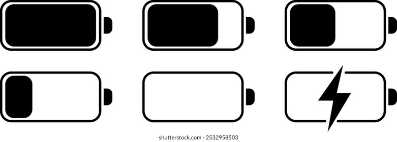 Iconos de la batería fijados en fondo aislado. Iconos de indicador de nivel de batería de smartphone negro aislado. Conjunto de iconos de batería para su diseño. Vector EPS 10