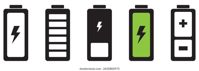 Battery icons set on isolated background. Isolated black smartphone battery level indicator icons. Battery icons set for your design.