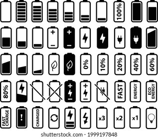 iconos de batería establecidos en fondo blanco. señal del indicador de carga de la batería. símbolo de la batería. estilo plano.