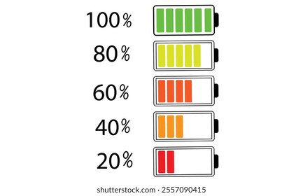 Battery icons set. Symbol of different level of accumulator charge. Battery icon vector set isolated on white and Black background. Battery level display mark set. Vector illustration. 