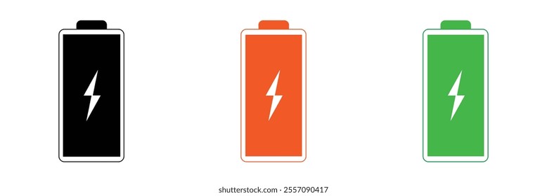Battery icons set. Symbol of different level of accumulator charge. Battery icon vector set isolated on white and Black background. Battery level display mark set. Vector illustration. 