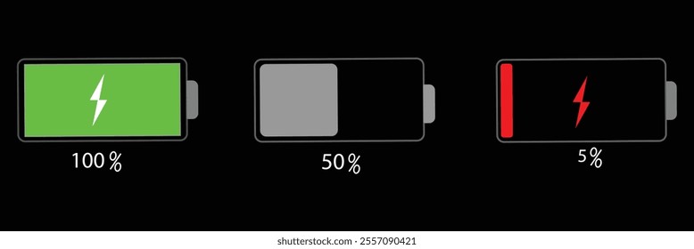 Battery icons set. Symbol of different level of accumulator charge. Battery icon vector set isolated on white and Black background. Battery level display mark set. Vector illustration. 