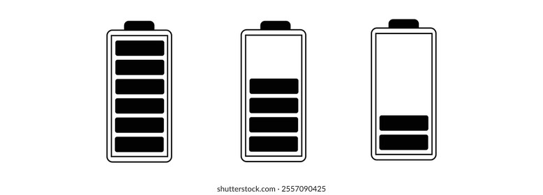 Battery icons set. Symbol of different level of accumulator charge. Battery icon vector set isolated on white and Black background. Battery level display mark set. Vector illustration. 