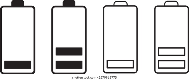 Battery icons set, Battery symbols with fast charging, exclamation, low, plus, minus, tick and full charge signs
