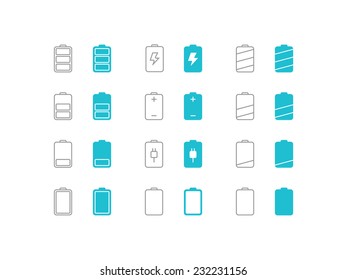 Battery icons set. Trendy thin icons for web and mobile. Line and full versions. Normal and enable state