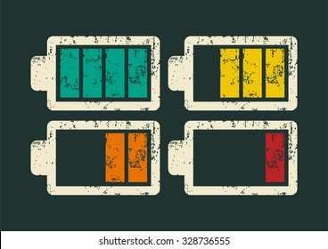 Battery icons set. Typographic retro grunge vector illustration.