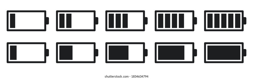 Iconos de la batería establecen el vector .Colección del indicador de carga de carga de la batería.Diseño del conjunto de símbolos de la ilustración del nivel de carga del teléfono.Ilustración del vector.