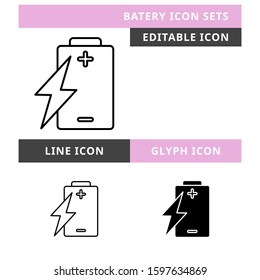 Battery icons set vector design, modern editable line and  glyph icon, black colour and isolated for icon presentation, website and banner

