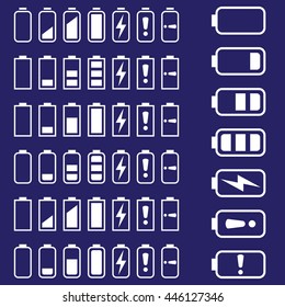 Battery icons set, white isolated on dark background, vector illustration.