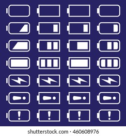 Battery icons set, white isolated on blue background, vector illustration.