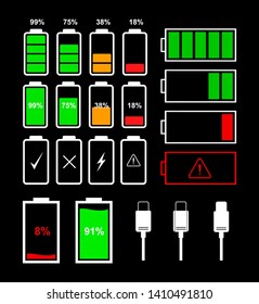 Battery icons and type-c cable for various types of devices isolated on black background. Vector indicator icons for battery level.