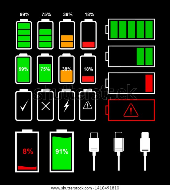 Battery icons and type-c cable for various types\
of devices isolated on black background. Vector indicator icons for\
battery level.