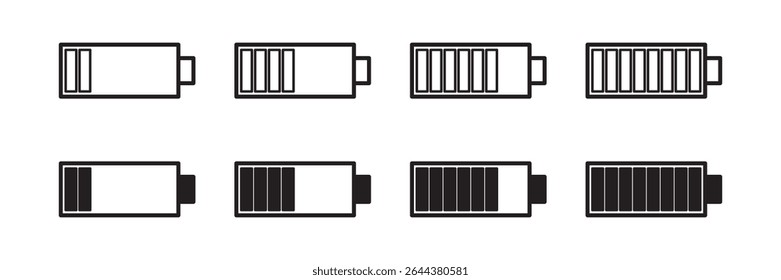 Battery icons in various charge levels. Black and white energy indicator symbols in flat style.