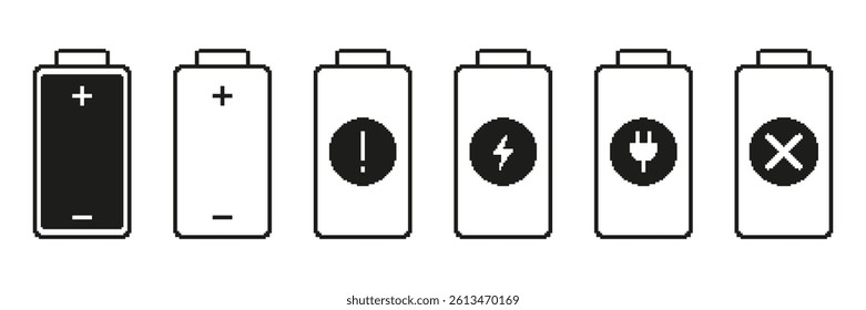 Battery Icons With Various Symbols Pixelated Icon Set. Pixel Art Symbol Collection Of Battery Levels And Power Indicators. Isolated Vector Illustration.