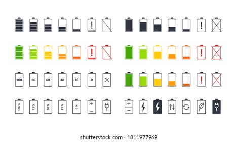 Iconos de la batería. Iconos vectores de carga de batería de teléfono móvil. Trazo editable. Elementos de escala negros y multicolor, porcentajes de potencia de dispositivo electrónico