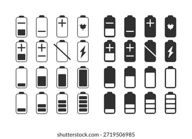 Paquete de Vector de iconos de batería, energía de relleno y contorno de alta calidad, potencia, carga, Tecnología, móvil, iconos de dispositivo Electrónica para Web, App, interfaz de usuario y Diseño gráfico