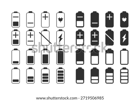 Battery Icons Vector Pack , High Quality Fill and Outline Energy, Power, Charging, Technology, Mobile, Electronic Device Icons for Web, App, UI and Graphic Design