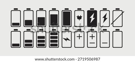 Battery Icons Vector Pack , High Quality Fill and Outline Energy, Power, Charging, Technology, Mobile, Electronic Device Icons for Web, App, UI and Graphic Design