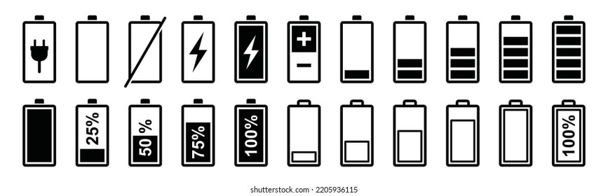 Akkusymbole, Vektorset. Anzeige der Batterieladung oder Füllstand voll, niedrig, Prozent, Plug-in, leer, Akku-Ladekabel-Silhouette-Symbol.