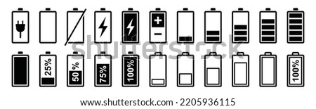 Battery icons vector set. Battery charge indicator or level  full, low, percent, plug-in, empty, charging battery energy silhouette icon.