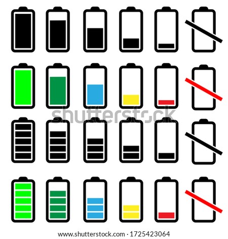 Battery icons vector set. Phone charge level illustration sign collection. UI design elements of battery percentage.
