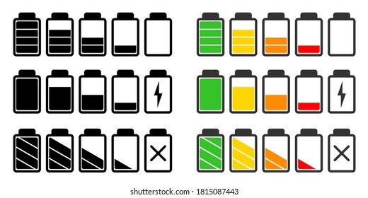 Battery icons vector set. UI design elements of battery percentage.
