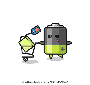 battery illustration cartoon with a shopping cart , cute style design for t shirt, sticker, logo element