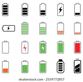 Battery Indicator and Charging Icon Set: Comprehensive Symbols for Power Levels and Charging Status