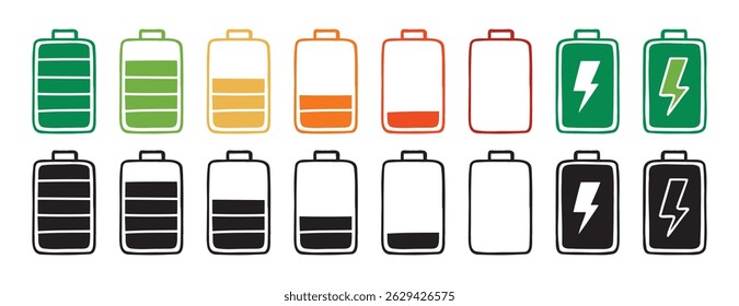 battery indicator color and black charge doodle hand drawn icon set. Outline drawing line clipart symbol collection. Vector illustration