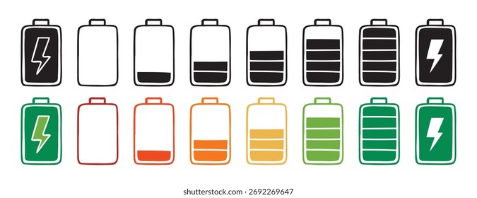 Batterieanzeigefarbe und handgezeichnetes Doodle-Symbol für schwarze Ladung. Kollektion von Skizzierlinien-Clipart-Symbolen. Vektorgrafik