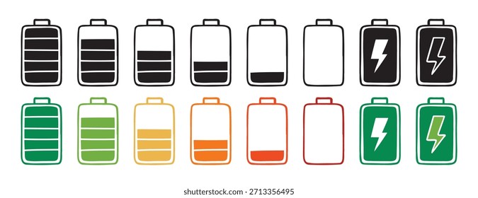 battery indicator color and black charge doodle hand drawn icon set. Outline drawing line clipart symbol collection. Vector illustration