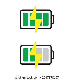 Battery indicator icon. Illustration, flat vector and symbol of electric gadget. Charging level goes black and green with yellow flash, power bank battery charging. Editable, EPS 10.