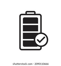 Battery indicator icon. Illustration, flat vector and phone charge symbol. The fill level runs in black and white with a tick symbol. Full power bank battery charging. Silhouette, outline design.