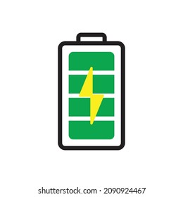 Battery indicator icon. Illustration, flat vector and phone charging symbol. The charge level runs in green and black with a yellow lightning symbol. Full power bank battery charging.