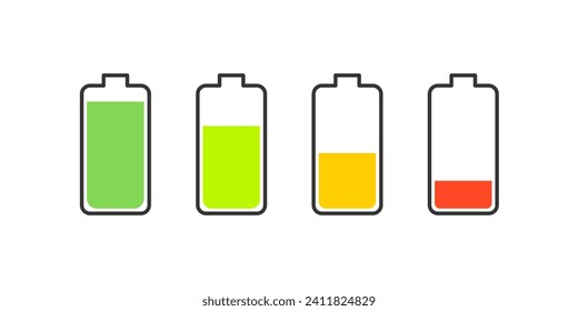 Akkuanzeigesymbole. Flat, Farbe, unterschiedliche Akkuladung, große und kleine Akku-Ladesymbol. Vektorsymbole