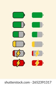 Ícones indicadores da bateria. Nível de carregamento do telefone, conjunto de cores de encargos. Bateria descarregada e totalmente carregada, exclamação, sinais de baixo, mais, menos, tique e carga total. Ilustração do ícone da bateria