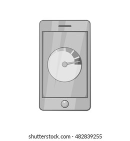 Battery indicator on phone icon in black monochrome style isolated on white background. Charge symbol vector illustration
