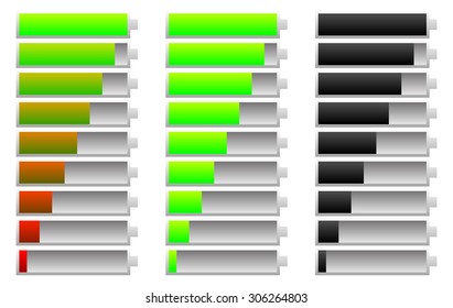 Battery indicator set. Energy conservation, consumption. Charging, recharging concepts.