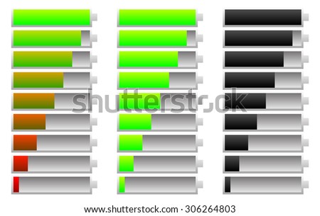 Battery indicator set. Energy conservation, consumption. Charging, recharging concepts.