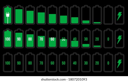 Battery indicator set. Isolated electric battery charge full, low, empty levels and charging progress green sign icons collection. Vector electricity energy indicator symbols, accumulator technology