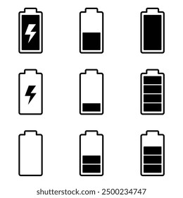 battery indicator symbol iconset outline drawing style representing battery power status, used in digital devices to display remaining battery life, charging status